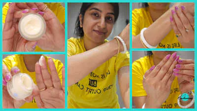 A 5-panel image collage of reviewer Anamika Chattopadhyaya in a yellow shirt demonstrating how to apply body butter, featuring close-ups of holding the jar, taking a scoop on her fingertips, applying it to her arm, and rubbing it smoothly onto her skin.