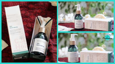 A photo collage with a cyan border showing Biossance 100% Squalane Oil product packaging. The large left image shows the outer box opened next to the dark green glass pump bottle held in an inner cardboard sleeve on a red fabric background. The two right images show close-up views of the pump bottle standing next to its box on a decorative table setup.