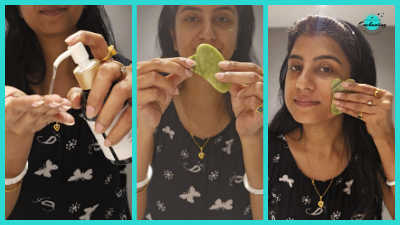 A three-panel photo collage with a bright cyan border demonstrating a skincare routine. The left frame shows a woman pumping face oil onto her palm. The middle frame shows her holding a green jade gua sha stone with both hands. The right frame shows her gently massaging her cheek with the gua sha tool.