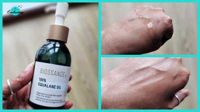 A photo collage with a cyan border demonstrating the texture of Biossance 100% Squalane Oil. The main left panel shows a hand holding the dark green glass pump bottle. The top right panel shows a drop of the clear liquid oil on the back of a hand. The bottom right panel shows the oil fully rubbed in, leaving a light, healthy shine on the skin.