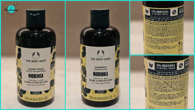 A four-panel collage displaying front and back views of The Body Shop Moringa Shine & Protection Shampoo and Conditioner bottles, showing product labels and ingredient details.