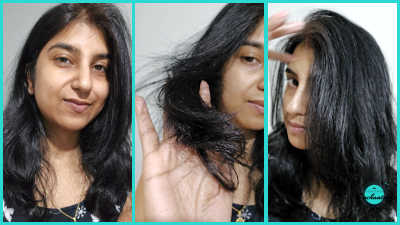 A three-panel collage of a woman showing her dark hair performance results after using shampoo and conditioner, highlighting hair texture and shine up close.