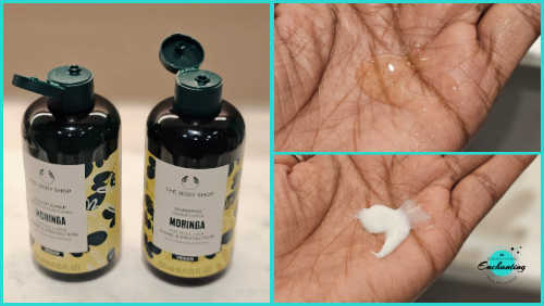A collage showing two opened bottles of The Body Shop Moringa hair care products alongside close-up shots of clear shampoo gel and creamy white conditioner on a palm.